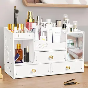 Makeup Cosmetics Organizer with Mirror Large Capacity Desk Organizer with Drawers and Tissue Storage Dressing Table Countertop Vanity for Kids Girls Plastic Lightweight Storage Box