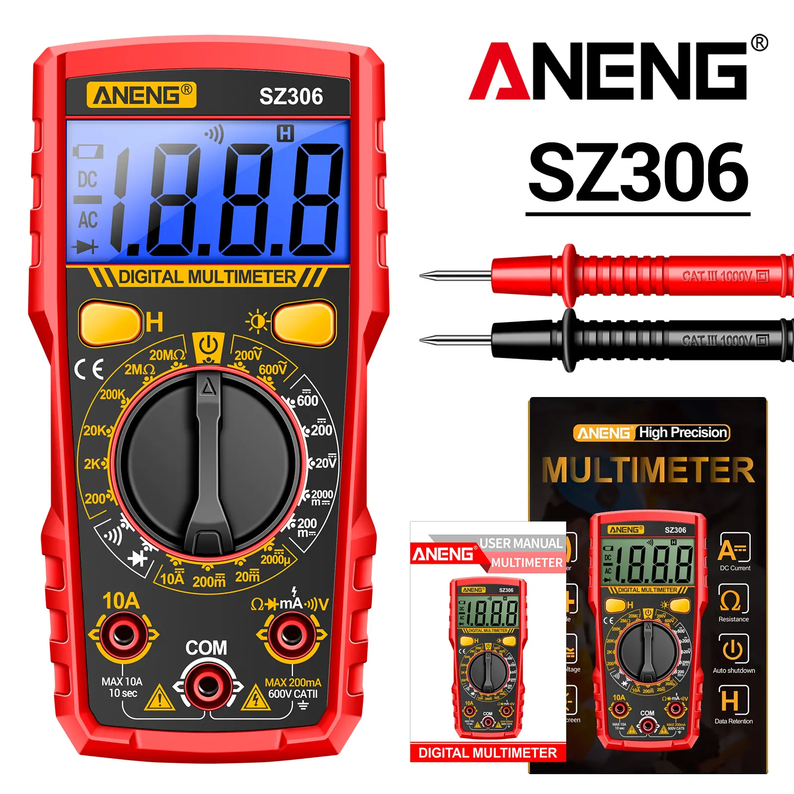 ANENG Digital Multimeter with Case,DC AC Voltmeter,Ohm Volt Amp Meter | Non Contact Voltage Tester Measure DC ACVoltage,Current,Resistance,Capacitance,Diodes,Flashlight Electric Tools Automotive.