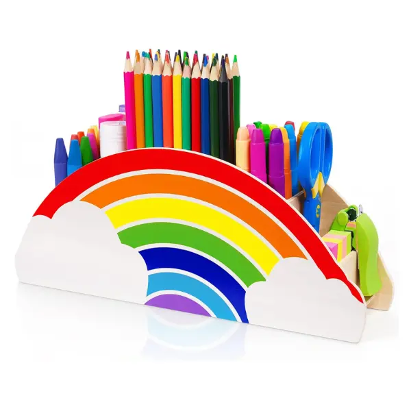 Rainbow Wooden Desk Organizer Natural Wood No Smell Childfriendly Cute Pen Pencil Holder Caddy for Office Supplies Classroom for Art Supply Makeup Brush Storage for Kids Present