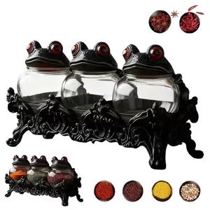 3-Pack Frog Spice Jars with Base, Handmade Gothic Glass Containers, Frog Lid, Ideal for Salt Pepper Herbs Tea Kitchen Storage Canister