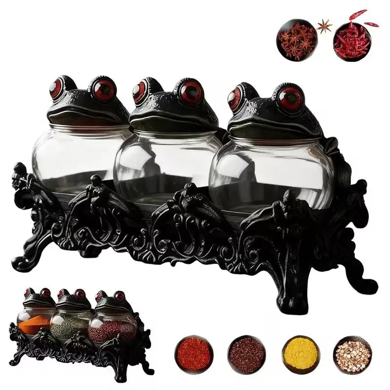 3-Pack Frog Spice Jars with Base, Handmade Vintage Gothic Glass Containers, Frog Lid, Suitable for Salt Pepper Herbs Tea Kitchen Storage