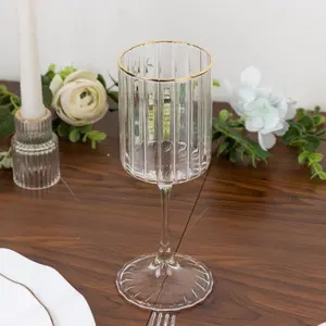 6-Pack Vintage Goblet Wine Glasses – 10oz Ribbed Clear Glass with Gold Rim, Classic Table Drinkware for Cocktails or Beverages – 8" Tall