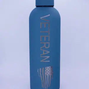 Blue Veteran American Flag Stainless Steel Water Bottle | Laser Engraved Patriotic Gym Bottle