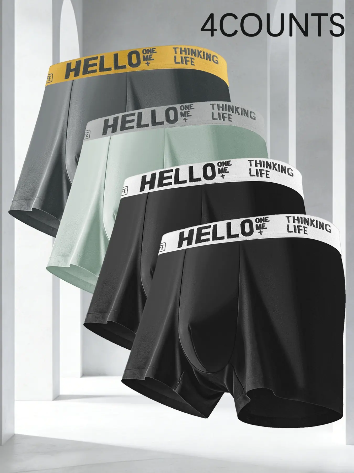 4 pcs men's 'HELLO' flat cornered underwear, Casual, comfortable boxer briefs, High elasticity, quick drying sports underwear, suitable home-based, men's flat underwear, Men's Novel Underwear, Suitable for all seasons