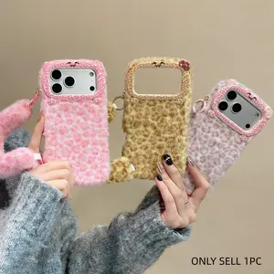 Creative Plush Leopard Print Wrist Phone Case for iPhone 17/16/15/14/13 Pro Max Plus Air, Durable Shockproof Protective Cover, Perfect Birthday Gift