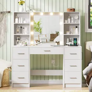 DINGIPP Large Desk with Mirror, 10 Lights, 7 Drawers, Dressing Table, 3 Color Light Adjustable, White, Ideal for Bedroom Vegan Design