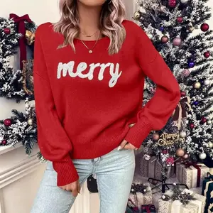 Christmas Sweater 2025 New Needle Letter Knitted Sweater Women's Crew Neck Long Sleeve Pullover Women