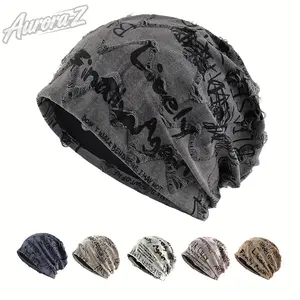 2pcs-Y2K Grunge Distressed Slouchy Beanie For Men Women, Lightweight Ripped Letter Print Knit Hat, Vintage Loose Fit Spring Autumn Cap For Daily Wear Street Style Gorras Para Hombres