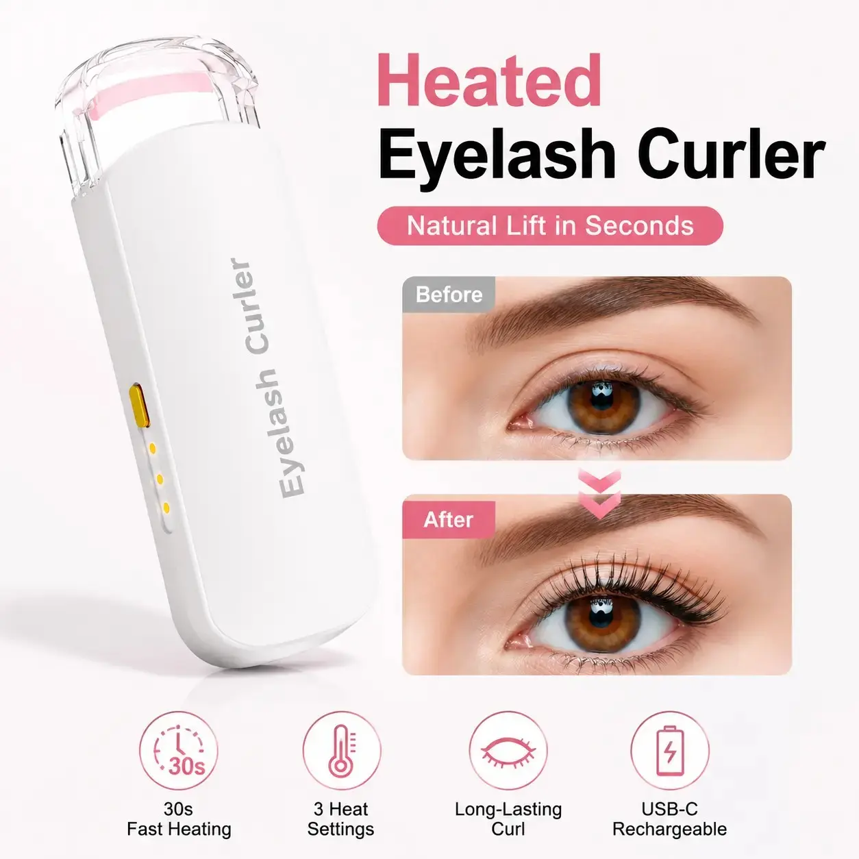 【Black Friday】Heated Eyelash Curler - USB Rechargeable Electric Device with 3 Temp Modes, Silicone Heating Pad for Long-Lasting Natural Curl,Christmas gift