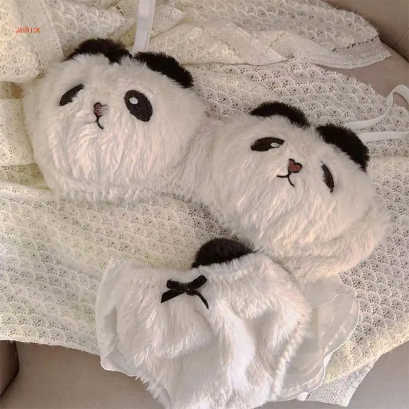 Women's 2-Piece Adjustable Straps Cartoon Panda Pattern Winter Furry Plush Bra Set with Panty, Lady-Fit Japanese Anime School Girl Cosplay Underwear, Fabric, Panties, Polyester, Breathable, Comfortable, Cute, Ladies, Soft