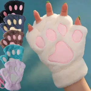 Cute Cat Paw Fingerless Gloves – Soft Plush Fuzzy Fashion Gloves for Women Kawaii Hand Warmers