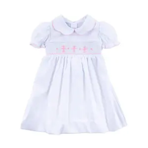 Pink Cross Smocked White Collared Dress - White Pique Girls Outfit for Church, Baptism or Easter