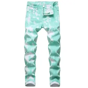 Men's Green Print Slim-fit Casual Jeans Stretch