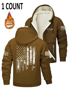 Men's Fleece Lined Zipper Hoodie Jacket, Flag Print Design, Soft Comfortable Fabric, Casual Fashion Outerwear for Fall & Winter Seasons