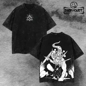 Retro "Mahoraga Is Coming" Jujutsu Kaisen Edition Graphic Tee Washed – Double Sided Print Oversized Acid-Washed Heavyweight Cotton T-Shirt – Unisex Anime Tee, Perfect Gift for Anime Fans and Lovers Menswear Tops