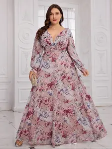 【Plus Size】 Floral Print Chiffon Dress, Elegant V Neck Long Sleeve Dress for Party Wedding Guest, Women's Clothes for All Seasons, Formal Dresses Women, Womenswear