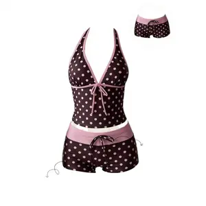 CURVEFIX 2026 NEW Retro Polka Dot Color-Block Two-Piece Swimsuit for Women, Halter Neck, Tummy-Covering, Slimming, Vacation Swimwear Set,Womenswear, Clothes, Short, Top