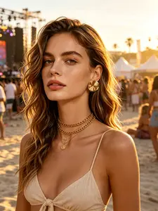 2 Piece Set Layered Necklace + Fan Earrings, Bohemian Jewelry for Summer Music Festivals, Beach Vacations, European Holidays