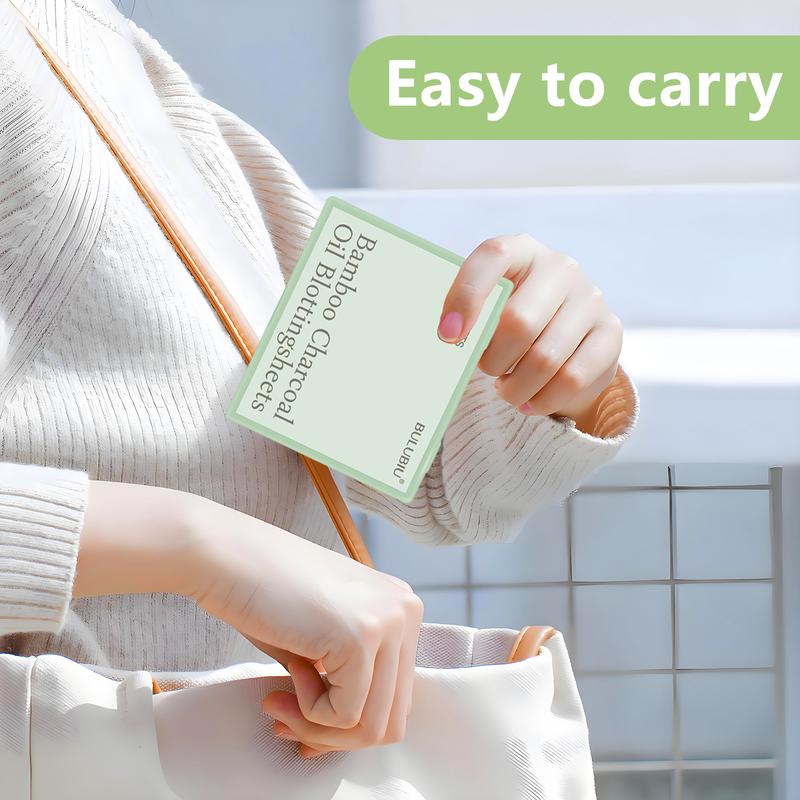 Bamboo Charcoal Oil Blotting Sheets for Face (100 Sheets) with Built-in Mirror & Puff - Instant Matte Finish & Makeup Friendly Face Oil Control Paper for Oily Skin