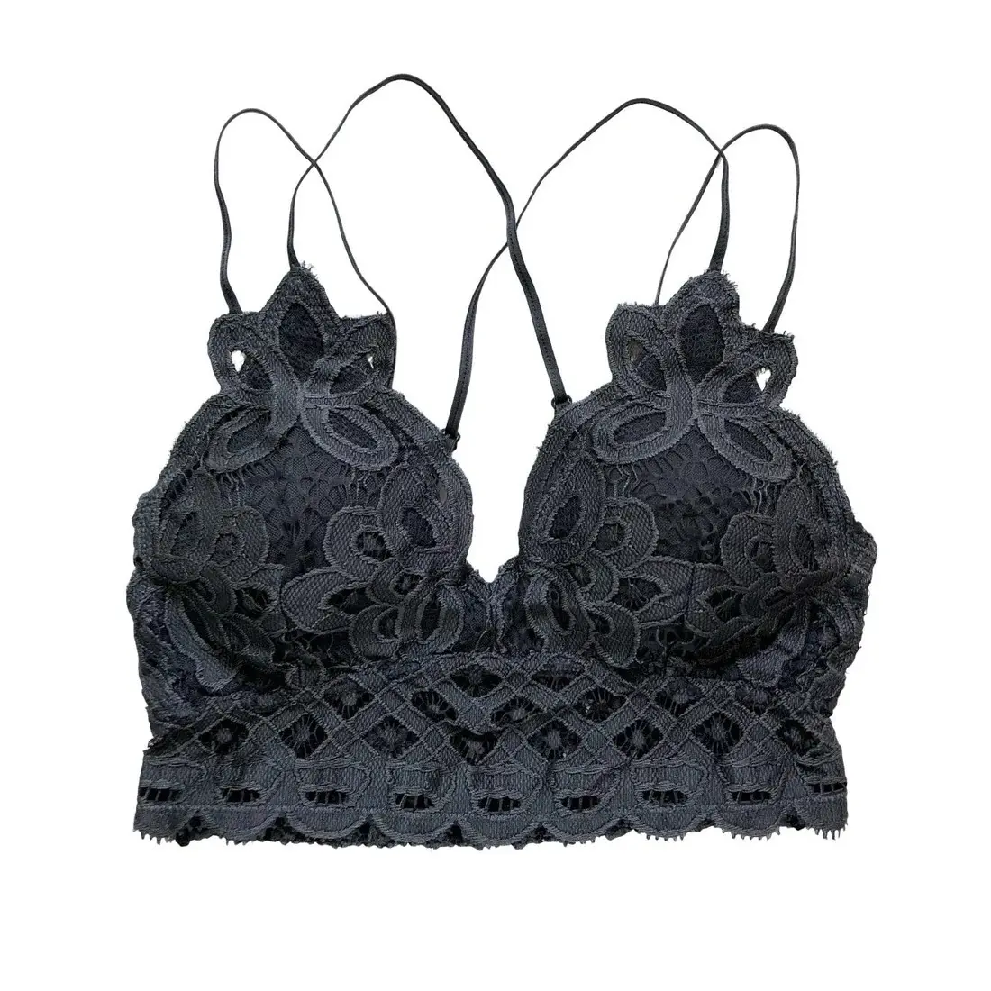 Charcoal Crochet Bralette - No Wire, Adjustable Straps, Removable Padding