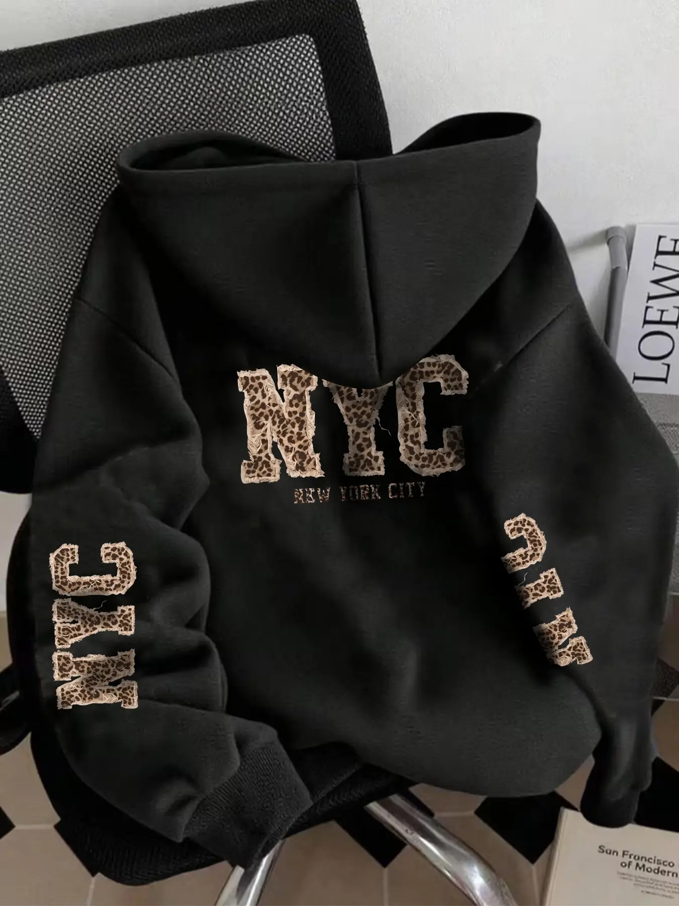 Nyc Leopard Print Hooded Sweatshirt, Long Sleeve, New York City Slogan Back & Sleeve Lettering, All-Season Casual Pullover, Kangaroo Pocket