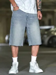 Men's Street Style Casual Loose Denim Jeans Shorts, Retro Vintage Stone Washed, Rhinestone Embellished, Raw Edges, Y2K Luxe Style, Ideal for Daily Summer Streetwear, Perfect Gift for Husband or Boyfriend
