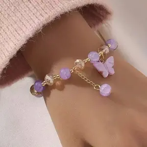 1pcs Elegant and Unique 1 Piece Transparent Crack Glass Bead Bracelet - Golden Butterfly Charm Women's Accessories Available in Multiple Colors