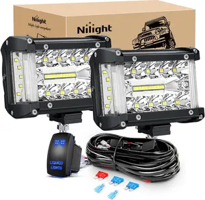 Nilight Side Shooter LED Light Bar 2PCS 4.3Inch Triple Row Spot Flood Combo Yellow Beam Led Light with 5Pin Rocker Switch Wiring Harness Kit for Off Road Light on Truck SUV ATV UTV Underglow Car