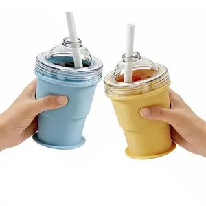 2-in-1 Foldable Ice Hockey Cup, Leakproof Lid with Straw, Portable for Coffee, Juice, Camping/Hiking,Portable Foldable Ice Hockey Cup