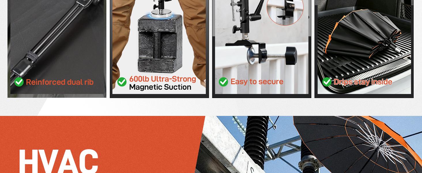 【Upgraded】60" Folding HVAC Umbrella with Magnetic Base, Universal Clip, Reinforced Fiberglass, Wind-Resistant, Portable, 180&deg;Adjustable for HVAC Use and Outdoor Activities