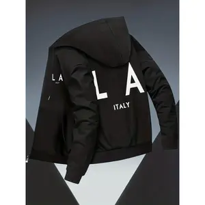 Bmuvlss Men's Slim-Fit Italy Pattern Hooded Bomber Jacket - Grey/Black Zippered Winter Coat with Logo & Italian Text, Machine Washable Outerwear for Casual & Business-Casual Style