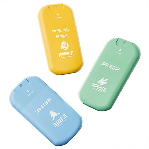 TOUCHFEEL Liquid Spray Hand Sanitizer 3-Pack - Travel-Size, Scented, Refillable, Hydrating, Portable (Mint Reverie, Silver Cedar, Citrus Mist at Dawn), 0.93Fl Oz Each, Travel Essentials