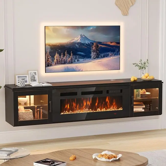【2 Packages Shipping】Floating TV Stand with 36" Electric Fireplace High Gloss Finish Wall Mounted Entertainment Center for TVs Up to 80" Black TV Stand and Fireplace