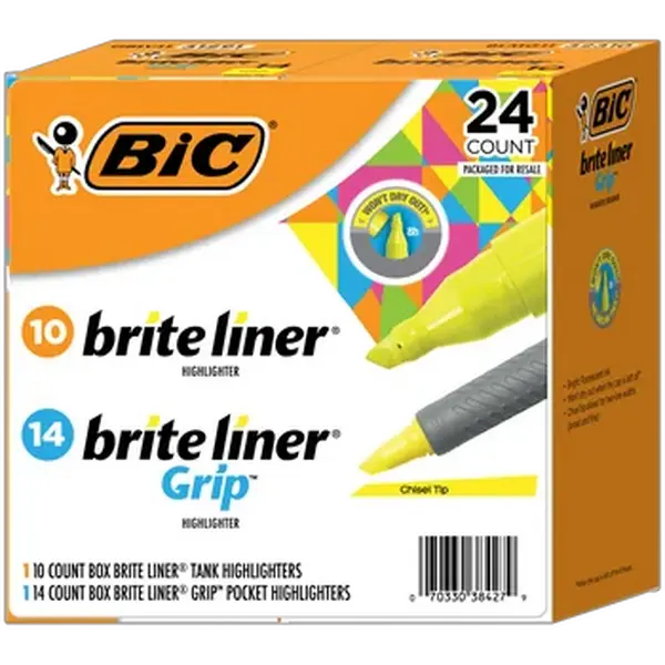 BIC Brite Liner Highlighter Combo Pack, Chisel Tip, Fluorescent Yellow, 24-count