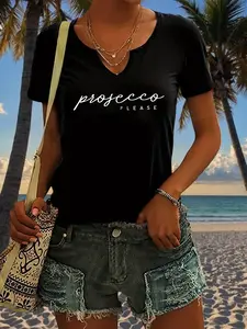 Prosecco Please Statement Letter Print Fitted T-Shirt for Women, Casual Short Sleeve V-Neck Summer Top, Trendy Ladies Fashion Tee Style