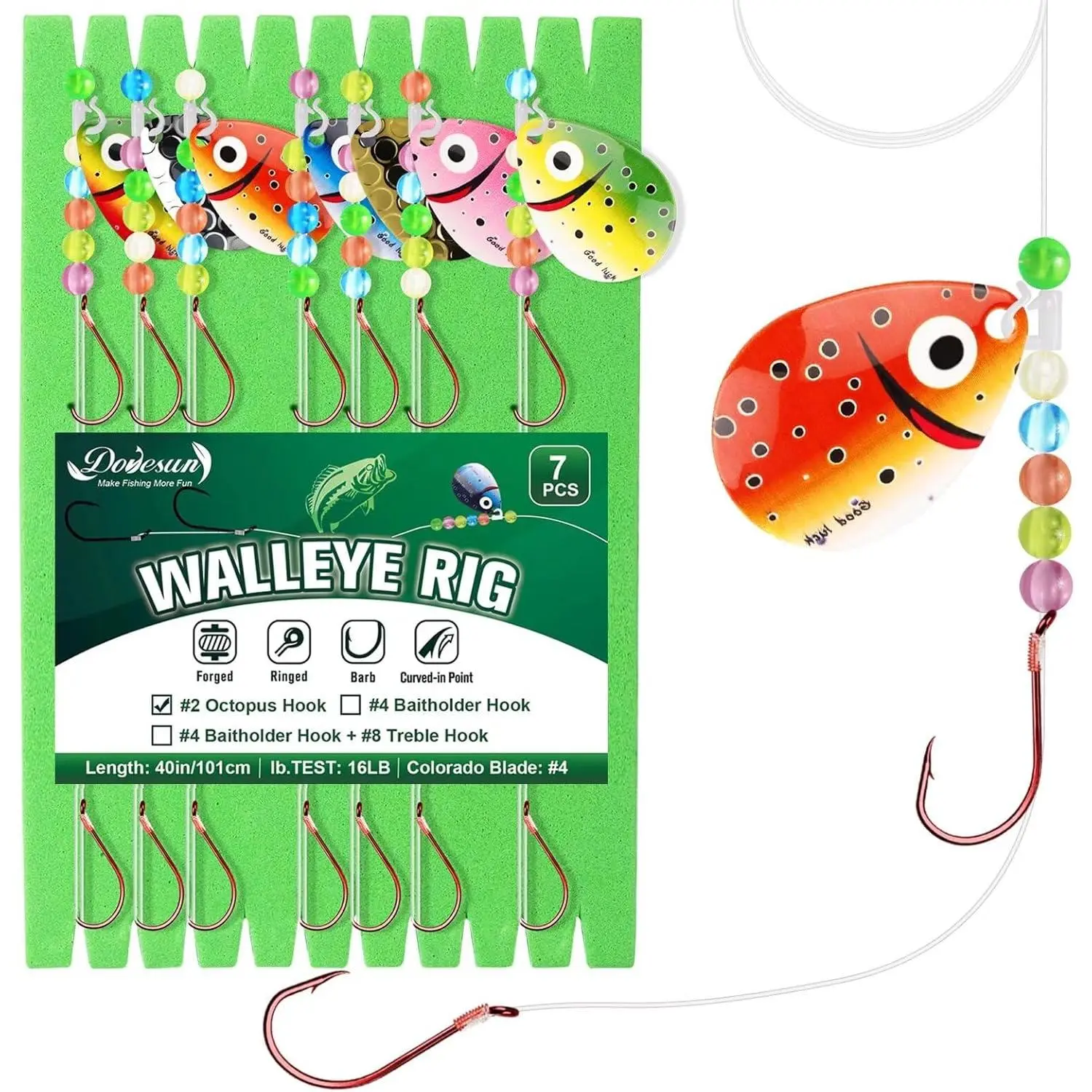 Walleye Rigs 16lb Walleye Spinner Rig Crawler Harness with Unique Smile Blades Worm Harnesses for Walleye Fishing 2 Hooks 7PCS