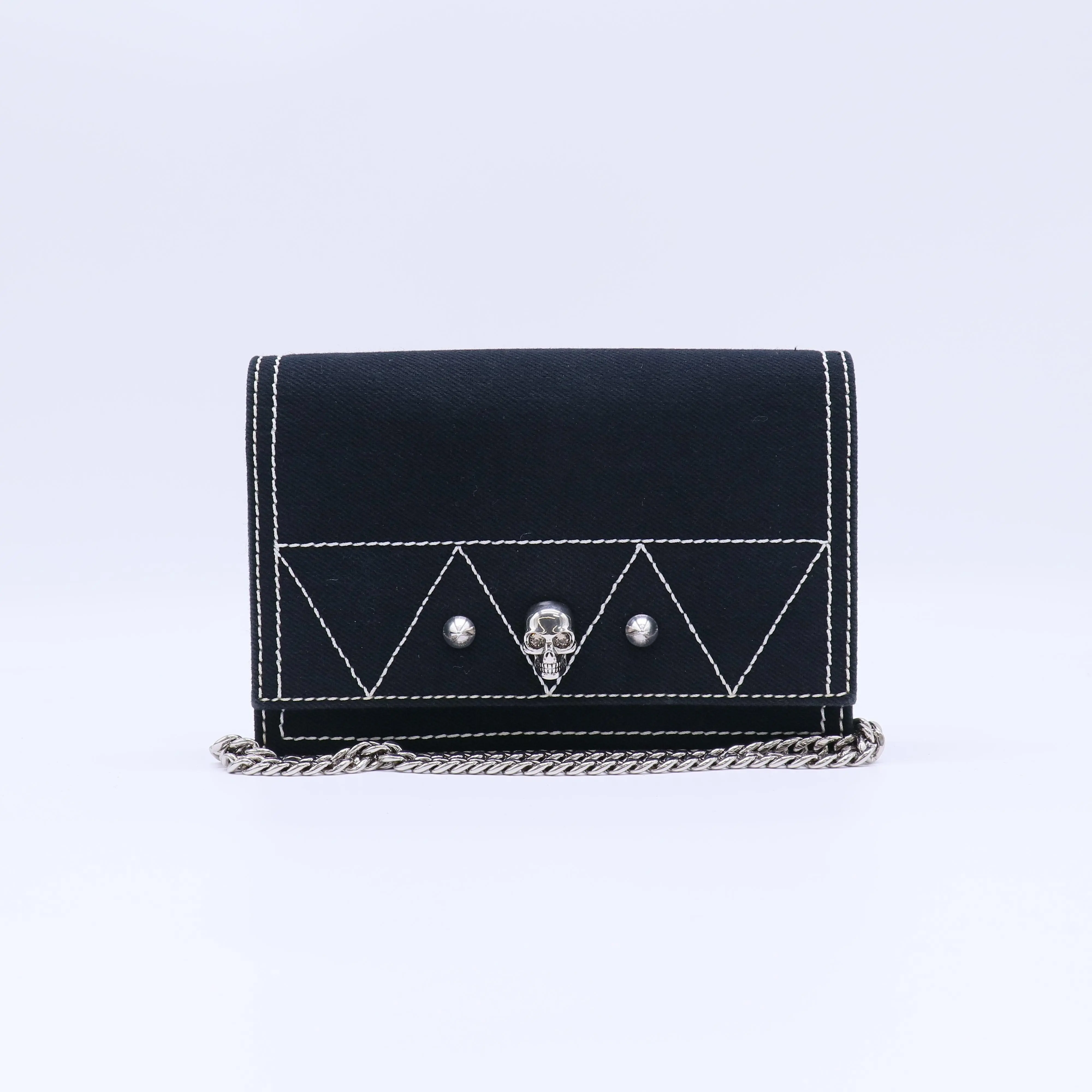 Pre-owned Alexander McQueen Leather Small Leather Goods Denim Skull Chain Wallet W21768