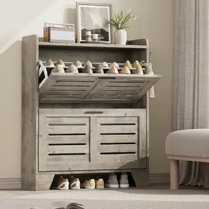 Shoe Cabinet Storage for Entryway,Slim Shoe Storage Cabinet with 2 Flip Drawers,Freestanding Hidden Narrow Shoe Organizer Cabinet with Hooks for Entrance,Foyer,Hallway,Gray