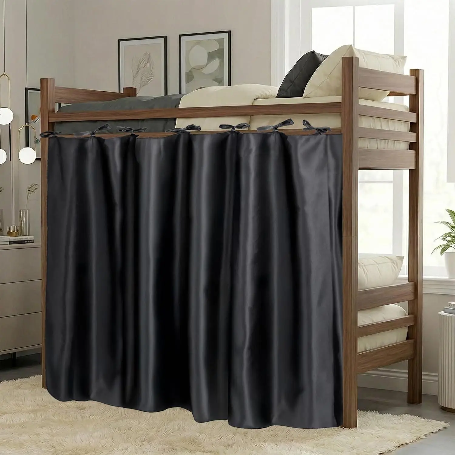 Calm&Cozy Bunk Bed Blackout Curtain for Bottom Bunk – 1 Panel, 78.7" X 45.2", No-Drill Tie-On, Fits Twin Bed Frames, Privacy Canopy for Kids, Teens, College Dorm, Black