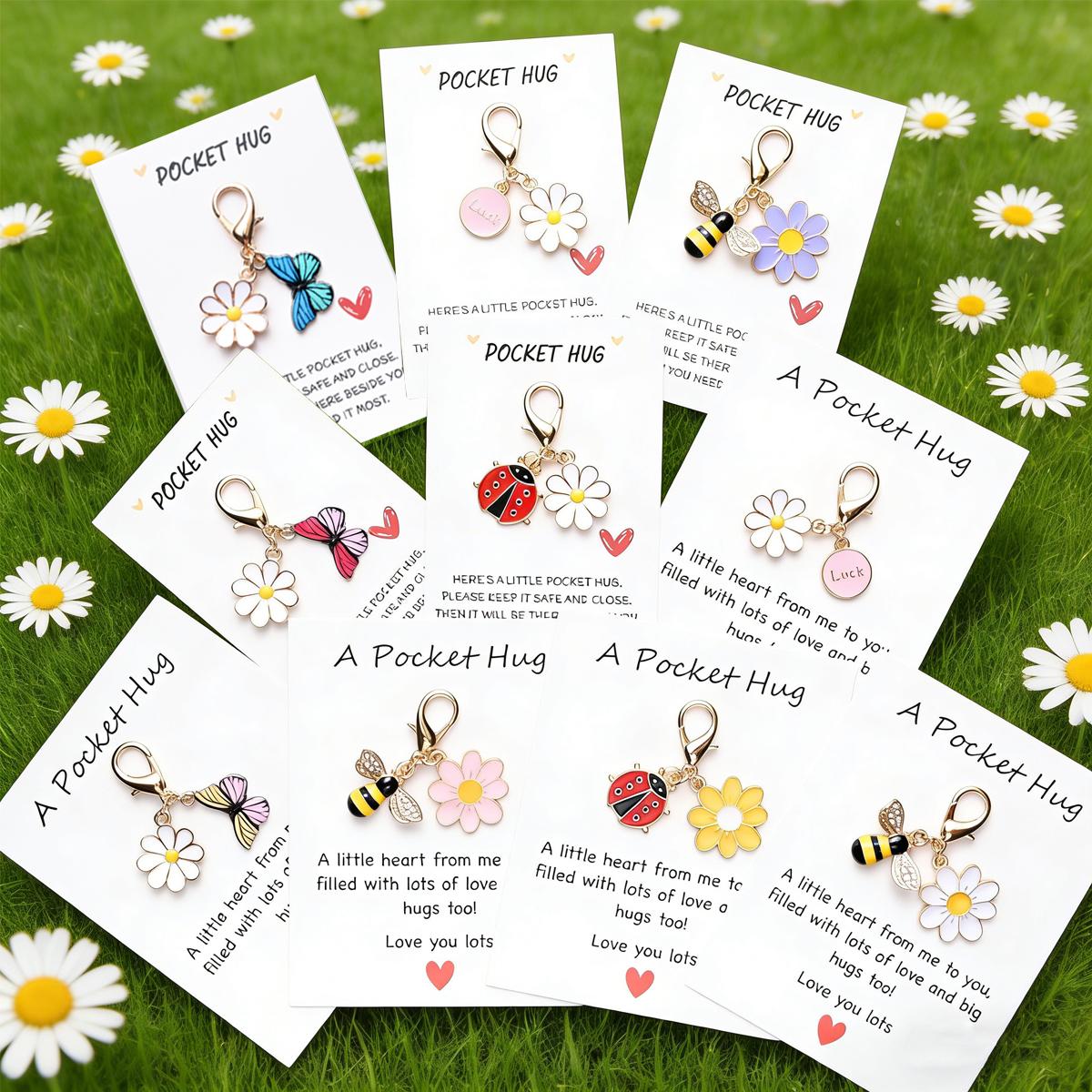 10PCS Pocket Hug Keychain Gift Set with Inspirational Cards – Cute Daisy Bee Butterfly Ladybug Encouragement Gifts for Friends, Family, Kids, Emotional Support Keepsake