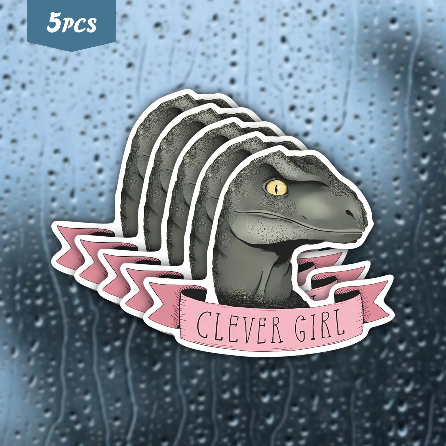 5Pcs "Clever" Raptor Dinosaur Waterproof Vinyl Sticker, Retro Dinosaur Ribbon Self-Adhesive Decal, Suitable For Water Bottles, Laptops, Journals, Ideal For Dinosaur Lovers, Retro Fans And Dinosaur Enthusiasts