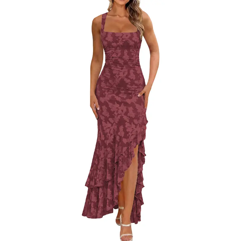 BORIFLORS Women's Cute Sleeveless Floral Embroidery Mermaid Maxi Dress - Sexy Square Neck, Ruched Bodycon, High Slit, Ruffle Hem Gown - Wedding Guest, Birthday Outfit - Fall Winter Y2K Clubwear Cocktail Weddingdresses Women's Clothing