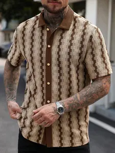 Men's Polo Shirt Casual Short Sleeve Hollow Out Pattern Outerwear Trendy Blouse, Loose-Fitting Long Clothing, Colorblock Style Top