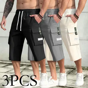 Men's 3-Pack Plain Basic Mid-Waist 3/4 Length Cargo Capri Pants, Drawstring Waist, Multiple Pockets, Streetwear Casual Summervibes Bottoms