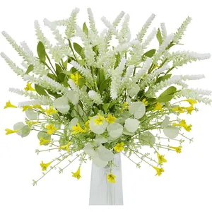 19.7" Artificial Spring Flowers, 4pcs White Lavender Yellow Forsythia with Eucalyptus Fake Flowers, Faux Summer Silk Floral Arrangements for Vase Home Table Centerpieces Wedding Cemetery Grave Decor