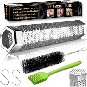 Pellet Smoker Smoke Tube 12'' for Electric Gas Charcoal Grilling - Portable Stainless Steel Tube with Brush for Hot or Cold Smoking - Utensils