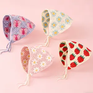 A Sweet And Soft Pastel Crochet Headpiece, Featuring a Floral Strawberry Pattern Knitted Scarf, Perfect for Beach Outings, Vacations, And Everyday Fashion