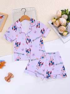 Fire Retardant Fabric Sleepwear Set, Cute Cartoon Print, Short Sleeve Open Front Top & Loose Elastic Shorts, All Seasons