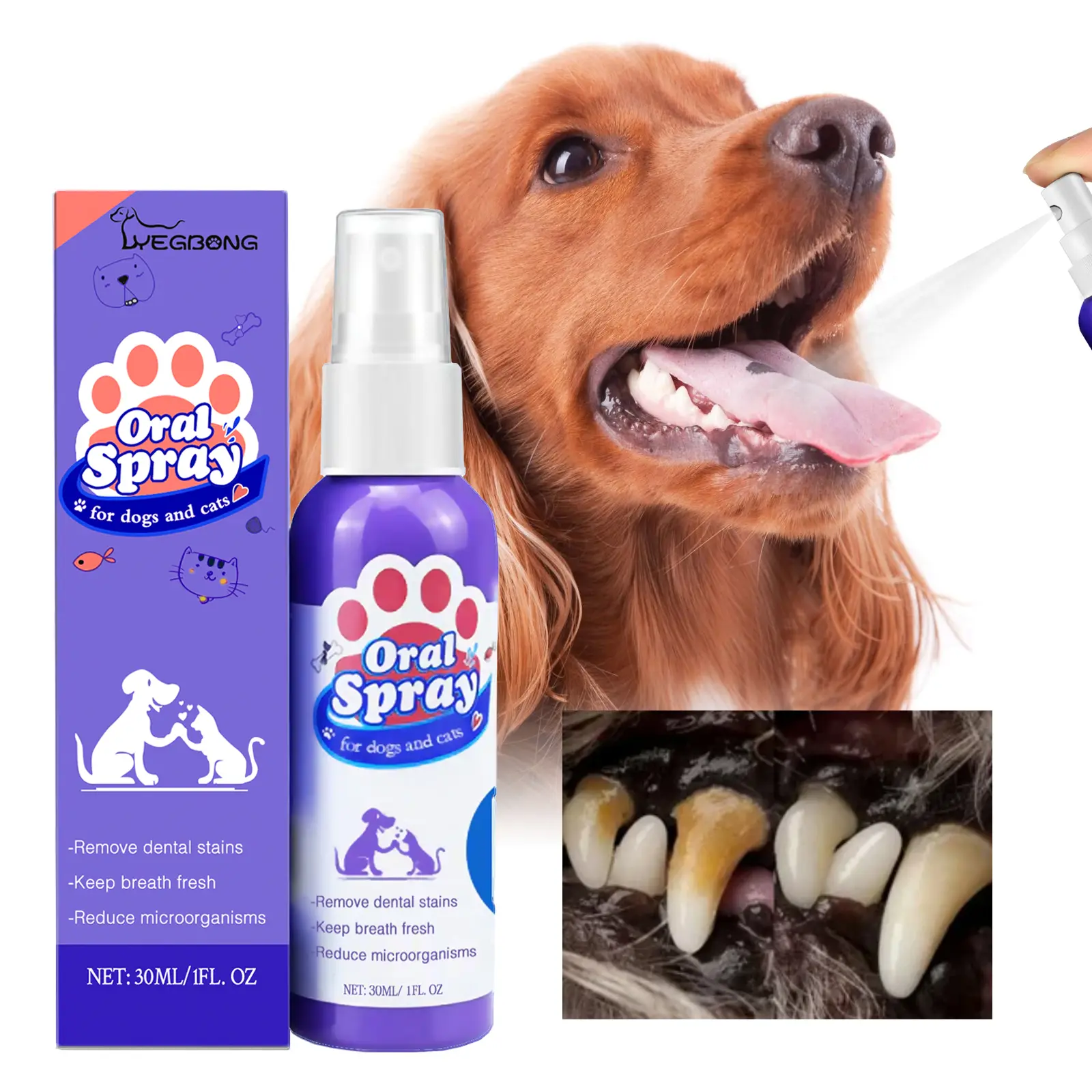 Pet Oral Spray for Dogs & Cats, 30ml Pet Breath Freshener Spray, Remove Dental Stains & Bad Breath, Reduce Oral Microorganisms, No Brushing Needed