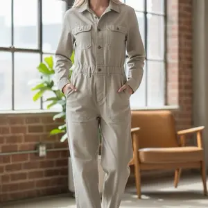 Khaki Utility Jumpsuit with Button-Up Front and Pockets for Workwear Comfort and Style